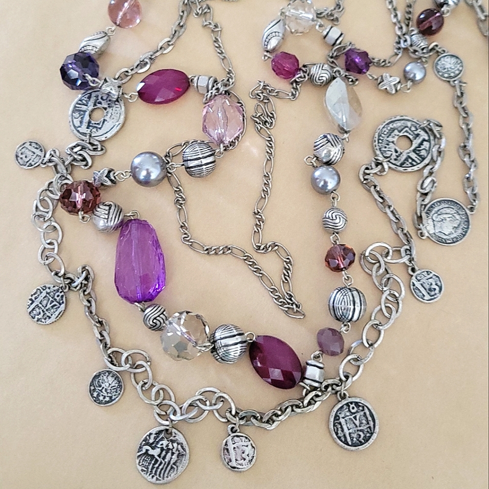 Vintage Long Bead & Coin Beaded Necklace